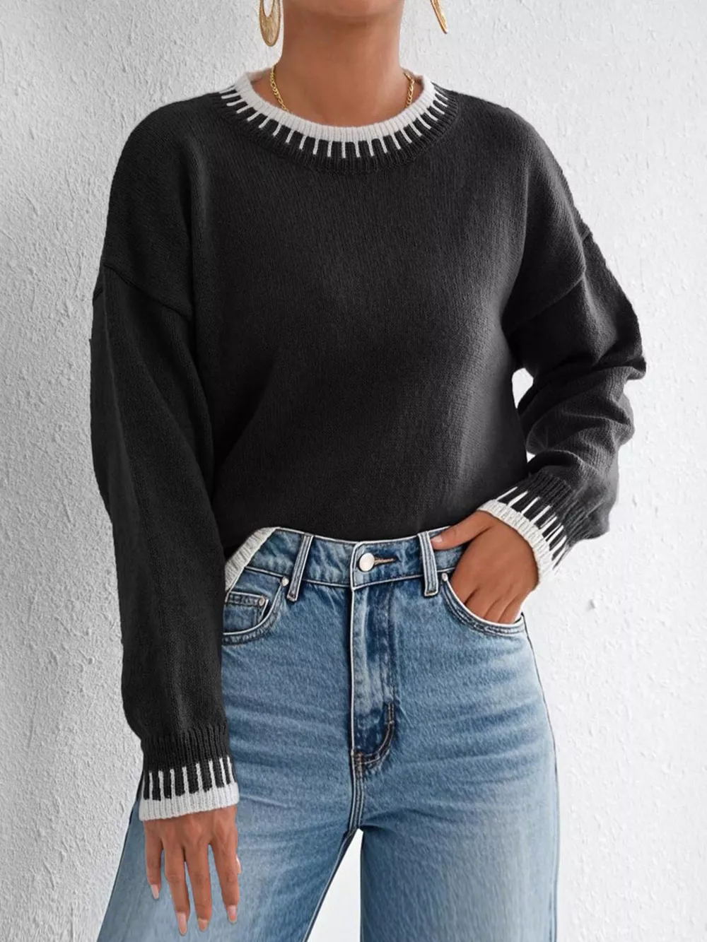 Contrast Trim Crew Neck Drop Shoulder Sweater, image 3