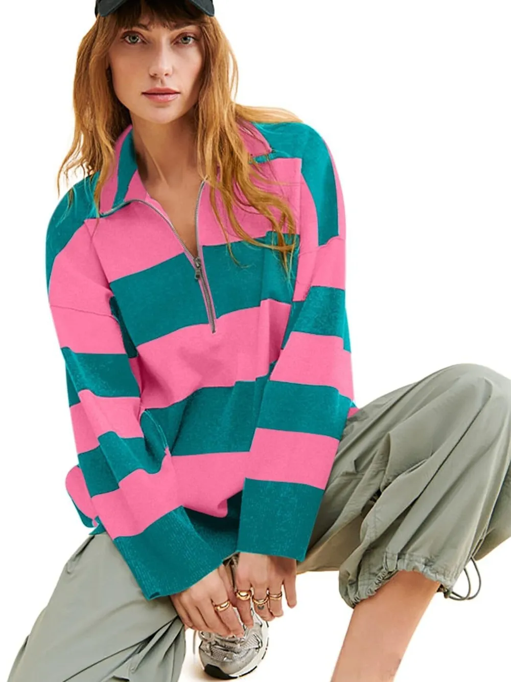 Striped Half-Zip Oversized Sweatshirt, image 5