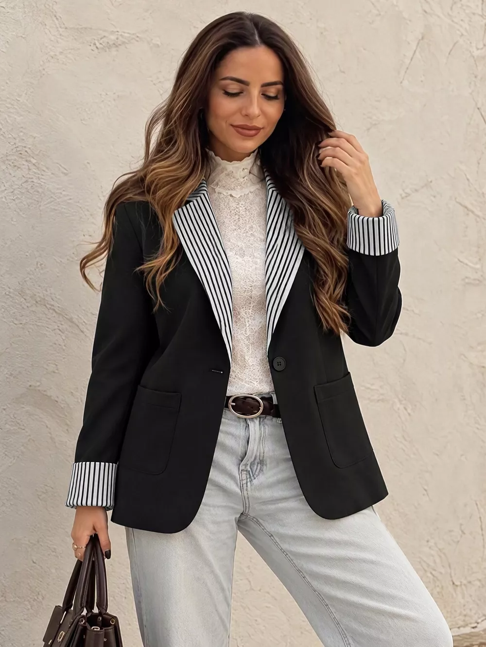 Contrast Striped Lapel Collar Blazer, image 4