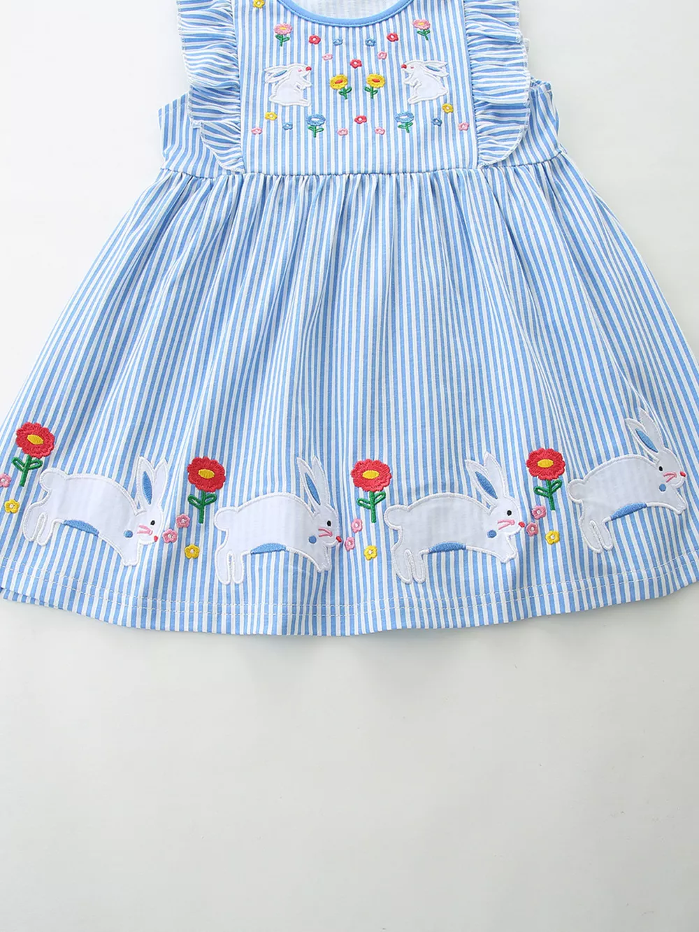 Children's Striped Bunny Embroidered Ruffle Sleeve Dress, image 4