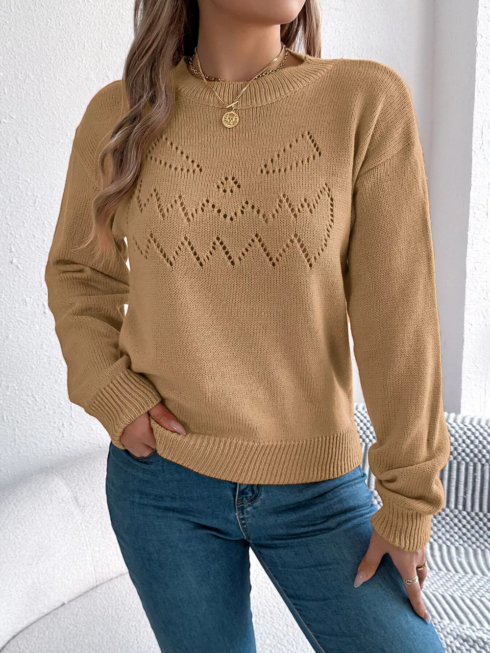 Openwork Round Neck Long Sleeve Sweater, image 8