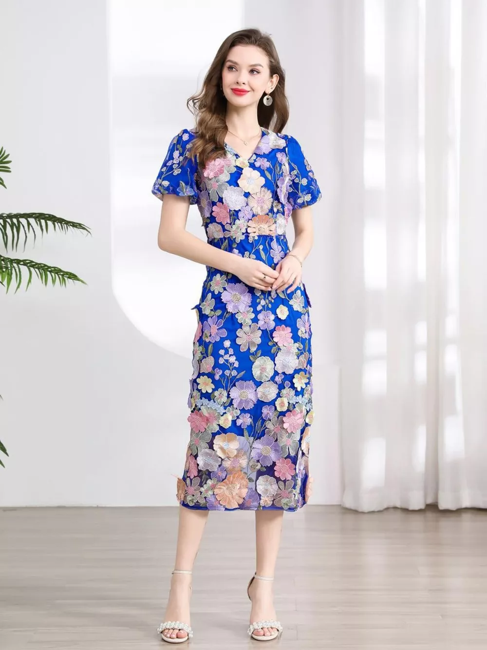Floral Embroidered Puff Sleeve Midi Dress, image 22