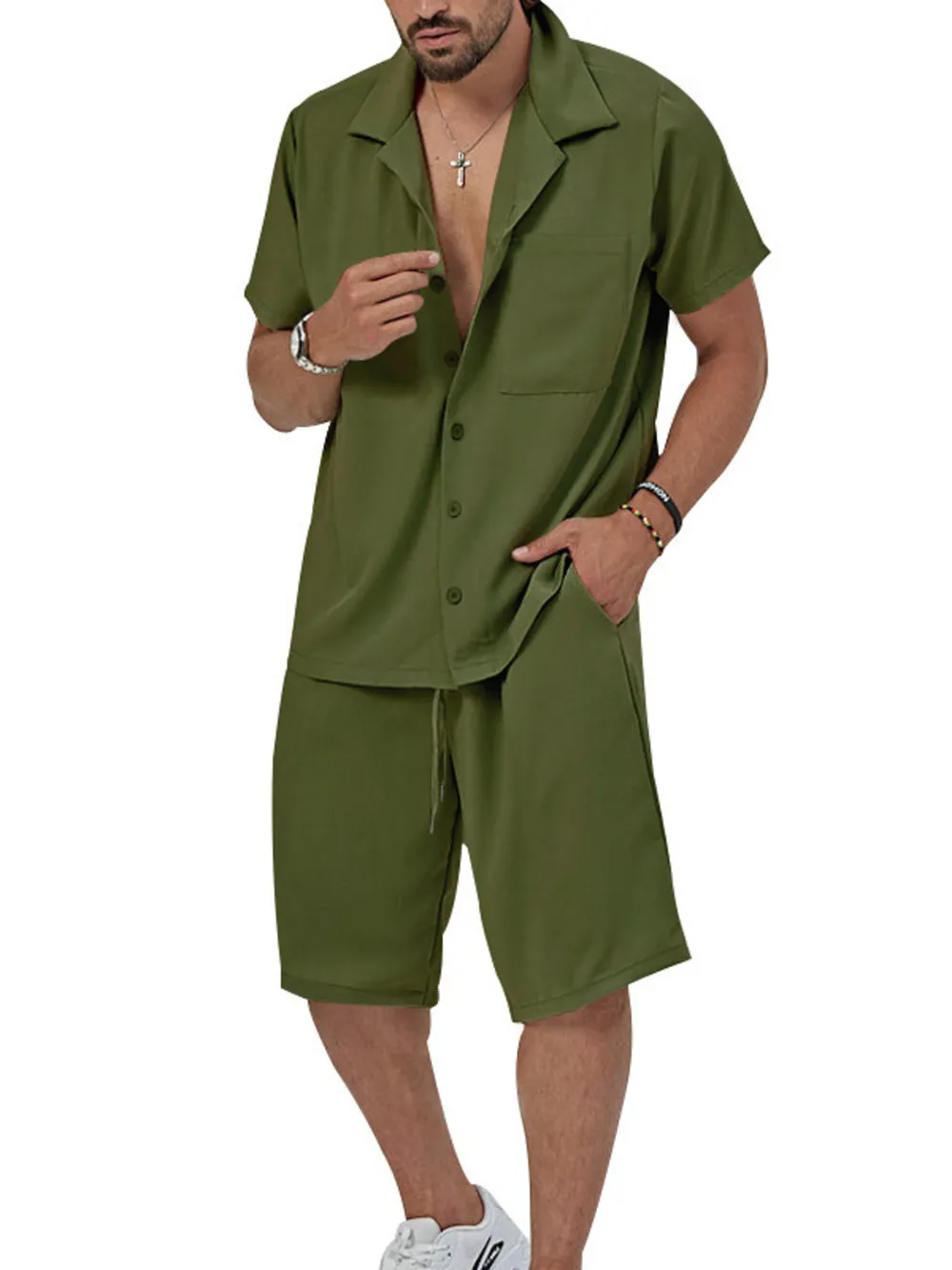 Men's Plus Size Button Up Short Sleeve Shirt and Shorts Set, image 4