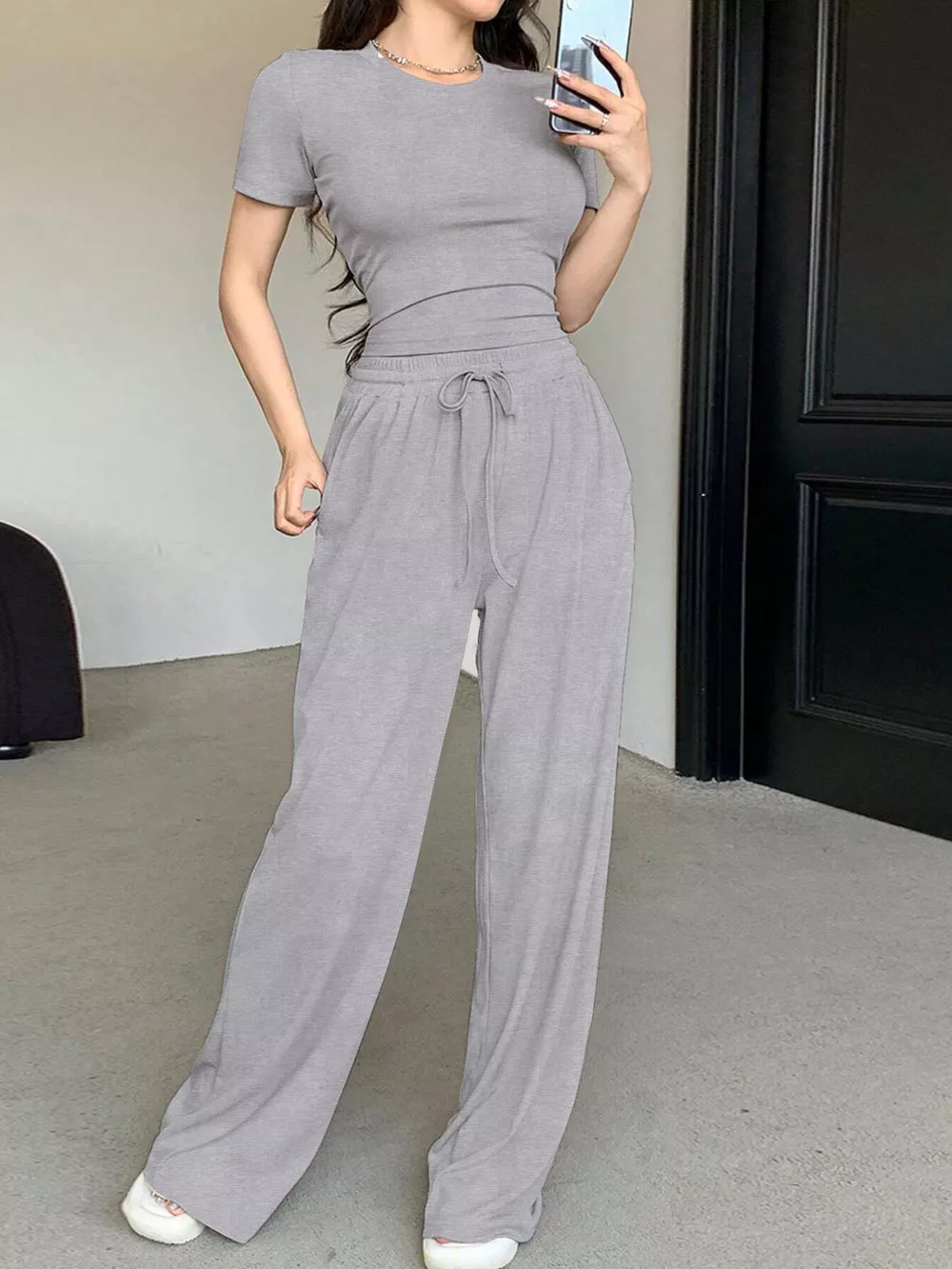 Solid Color Short Sleeve Crop Top and Wide Leg Pants Set, image 9