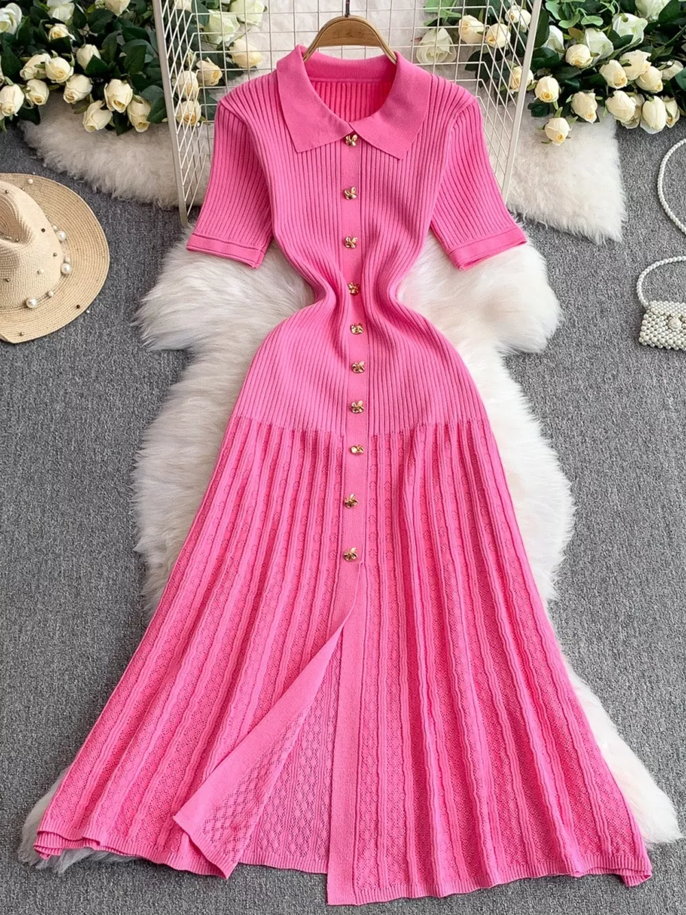 Button Front Ribbed Knit Midi Dress, image 2