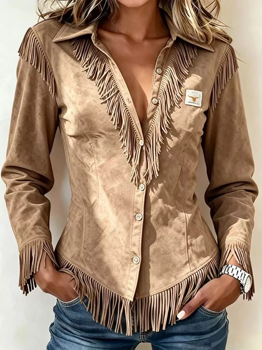 Full Size Fringed Collared Neck Shirt Plus Size, image 10