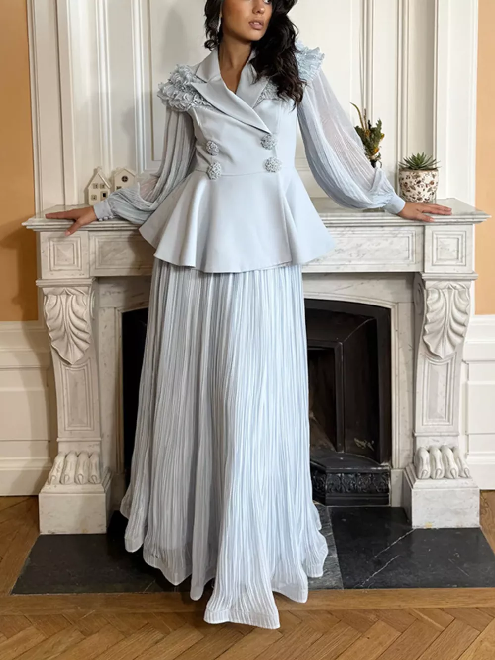 Frill Lapel Collar Top and Pleated Skirt Set, image 2