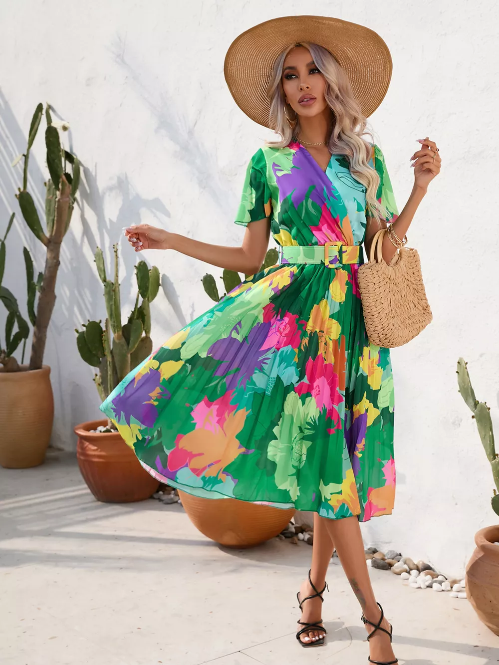 Pleated Tropical Print Belted Midi Dress, image 12