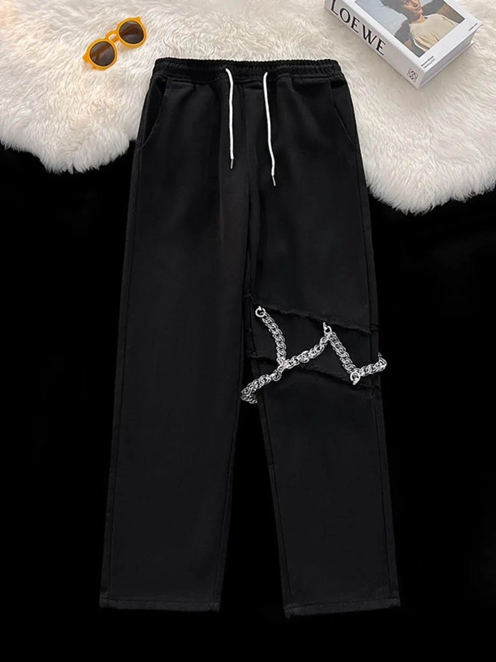 Men's Full Size Frayed Edge Loose Fit Pants Plus Size, image 2