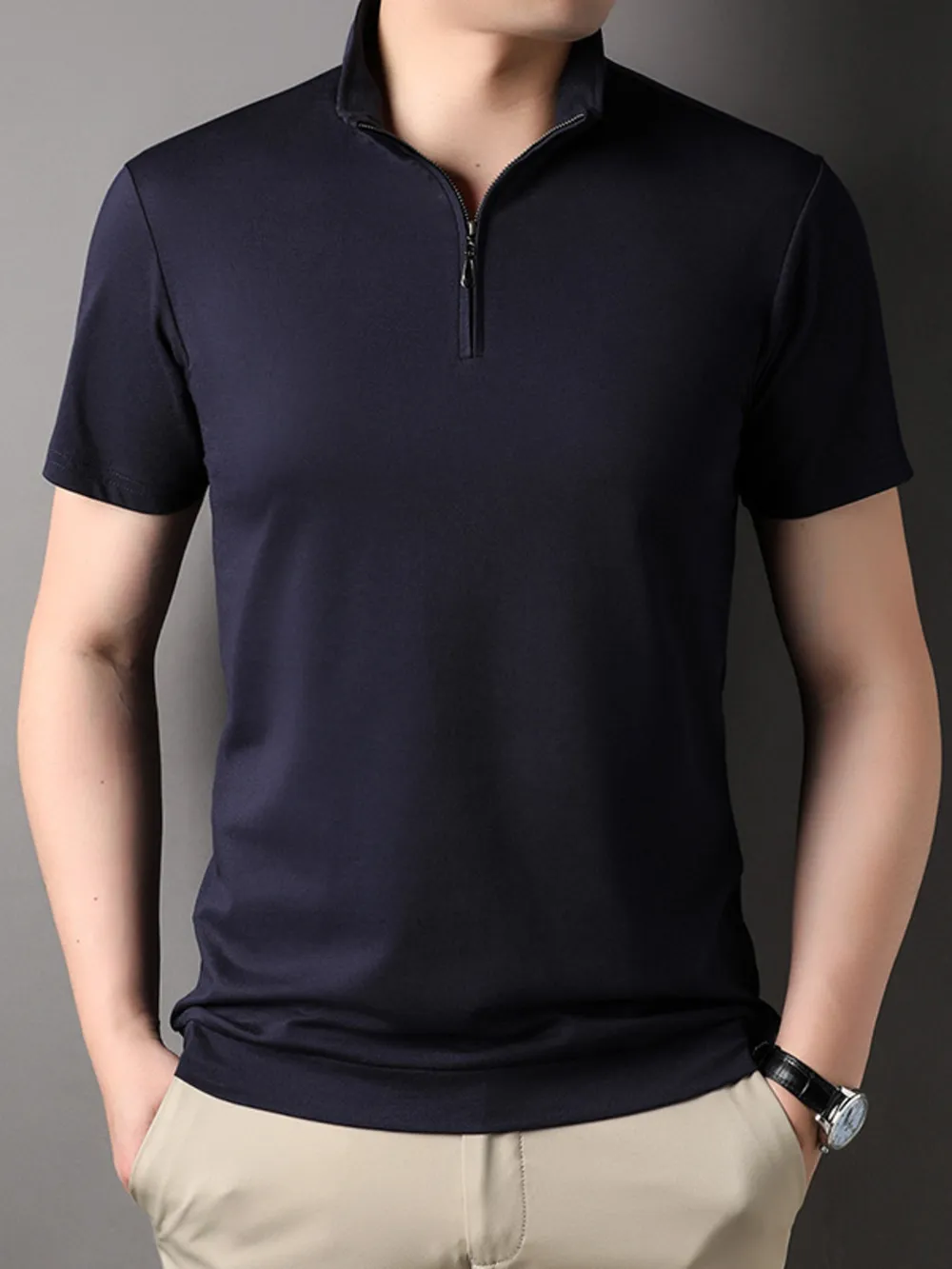 Men's Plus Size Zip Collar Short Sleeve Polo Shirt, image 4
