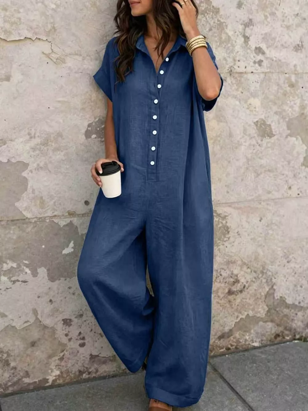 Button Front Short Sleeve Jumpsuit, image 9