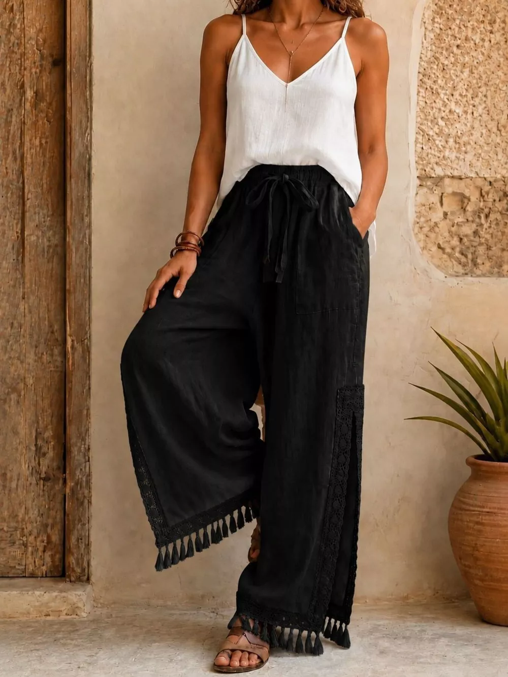 Lace Detail Slit Wide Leg Pants, image 10