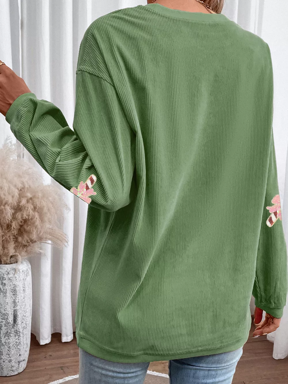 Christmas Sequin Candy Cane Patched Corded Ribbed Baggy Sweatshirt, image 4