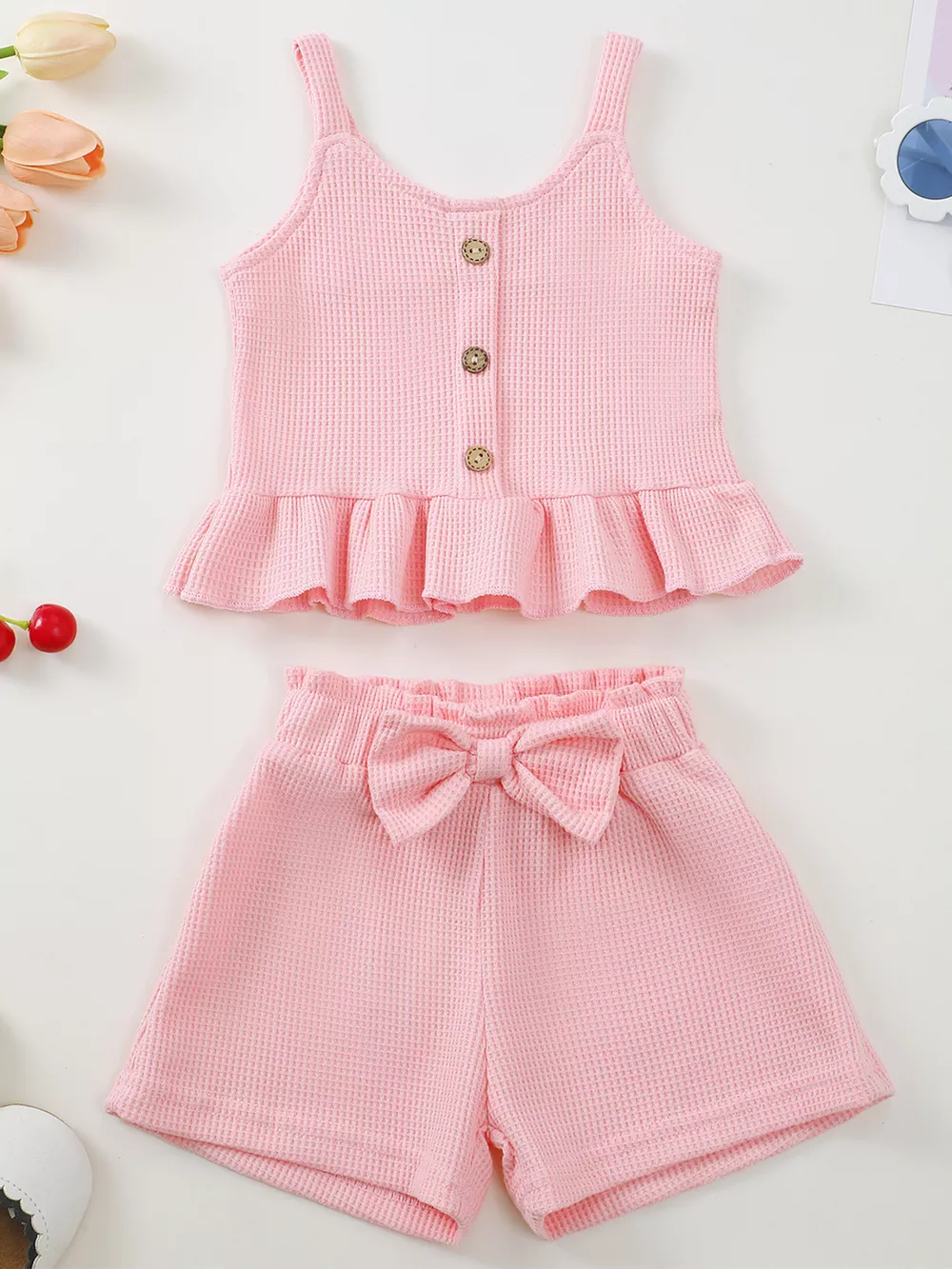 Children's Waffle Knit Tank Top and Bow Shorts Set, image 2