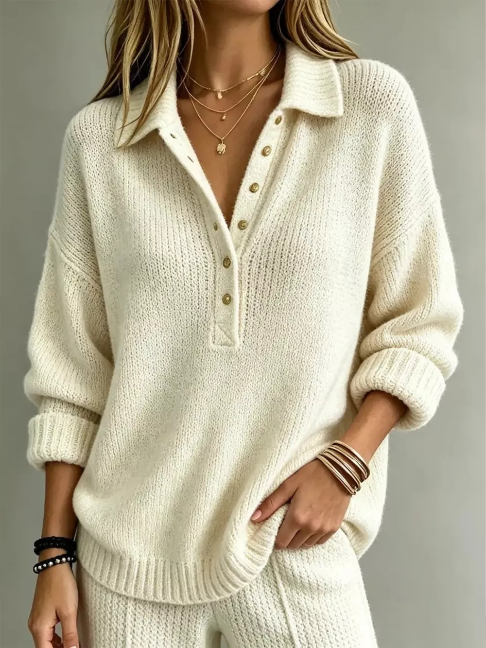 Button Detail Dropped Shoulder Sweater