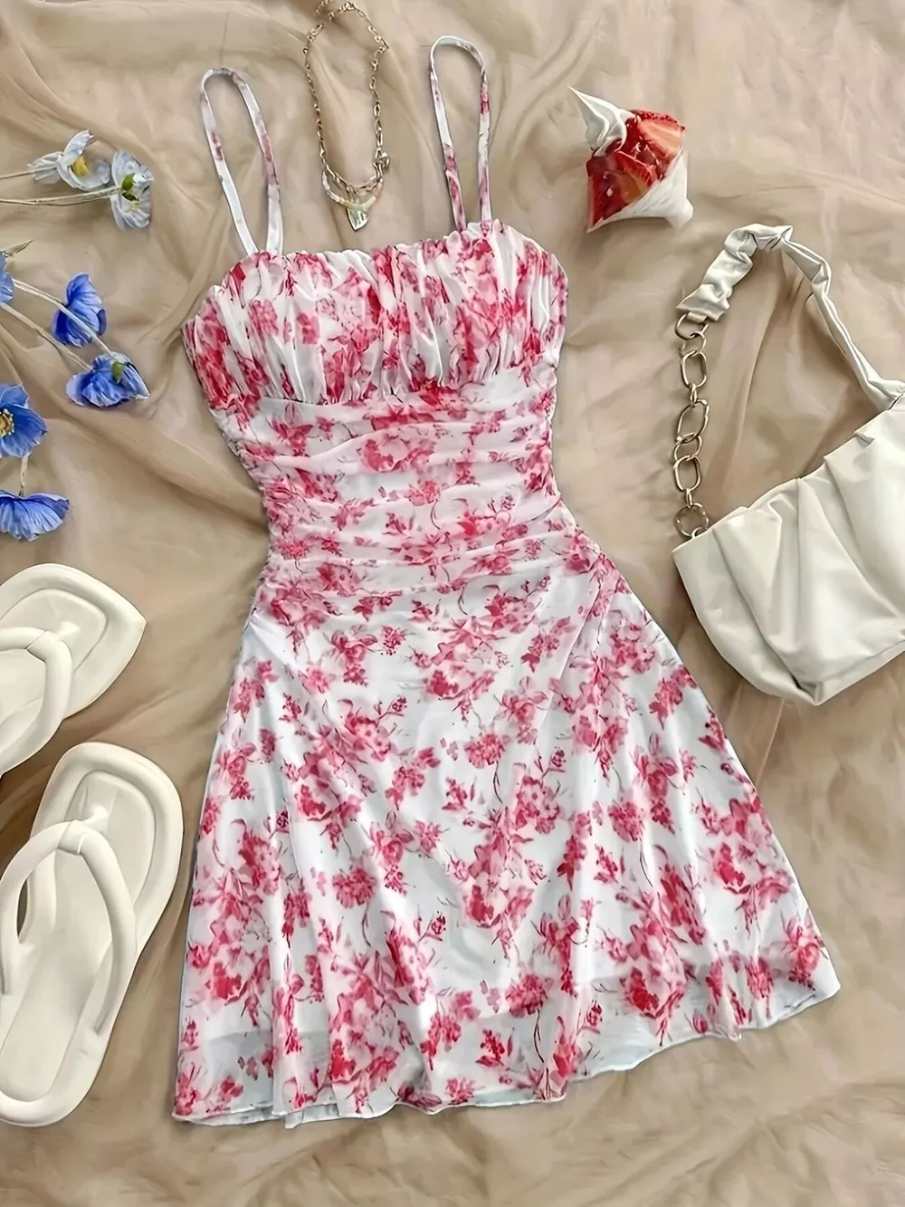 Floral Ruched Spaghetti Strap Mini Dress