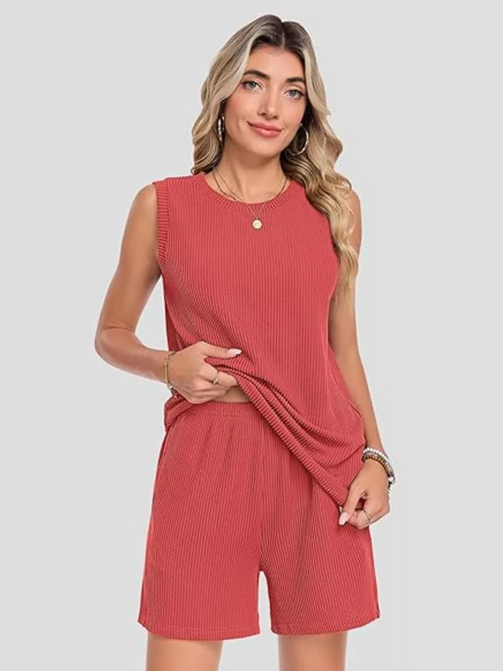 Casual Ribbed Knit Sleeveless Top and Shorts Set, image 3