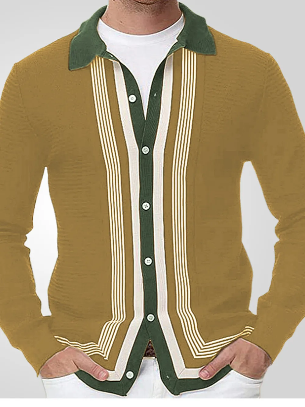 Men's Plus Size Striped Button Up Long Sleeve Polo, image 4