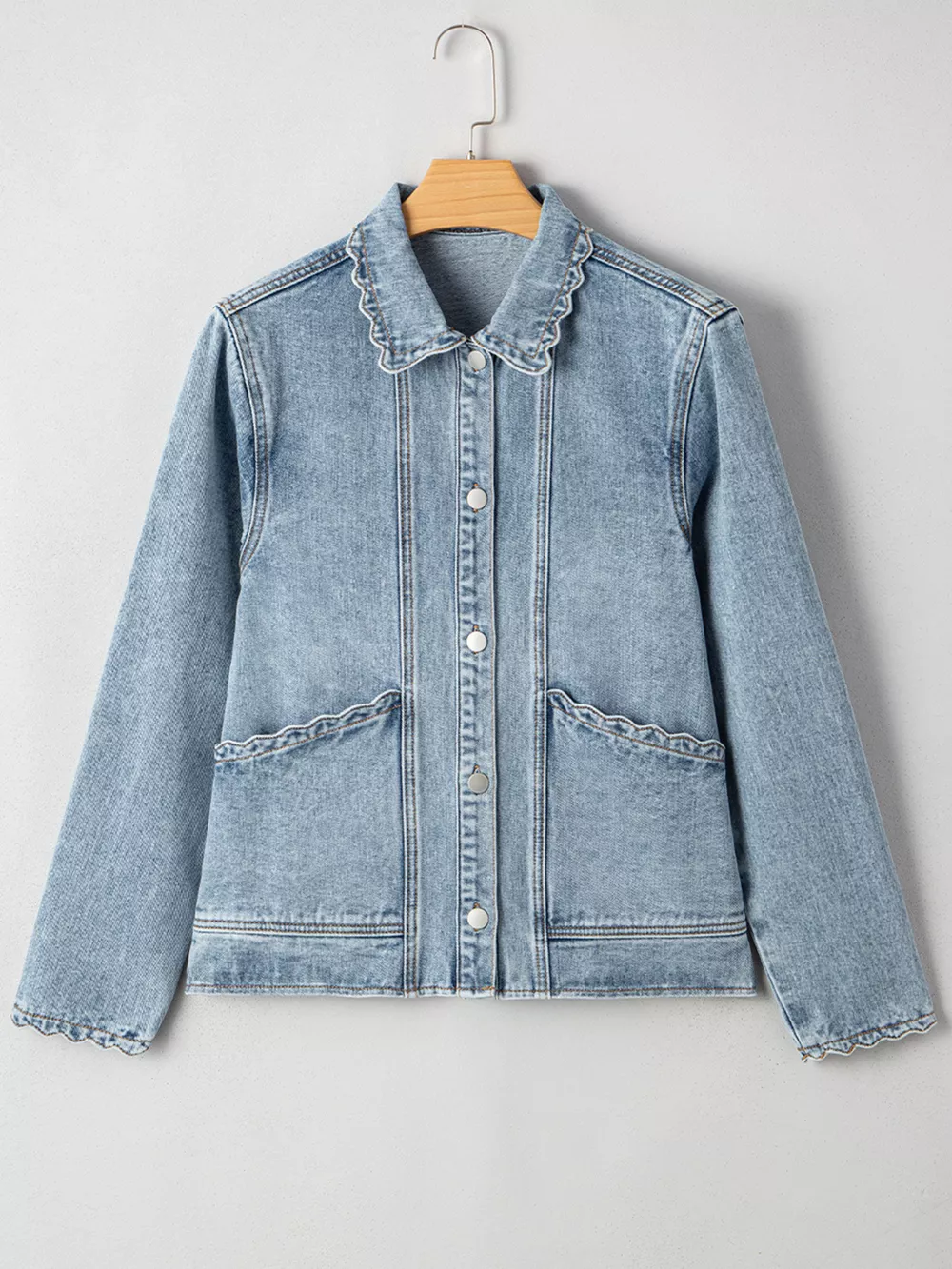 Scallop Trim Collar Patched Pocket Button Up Denim Jacket, image 6