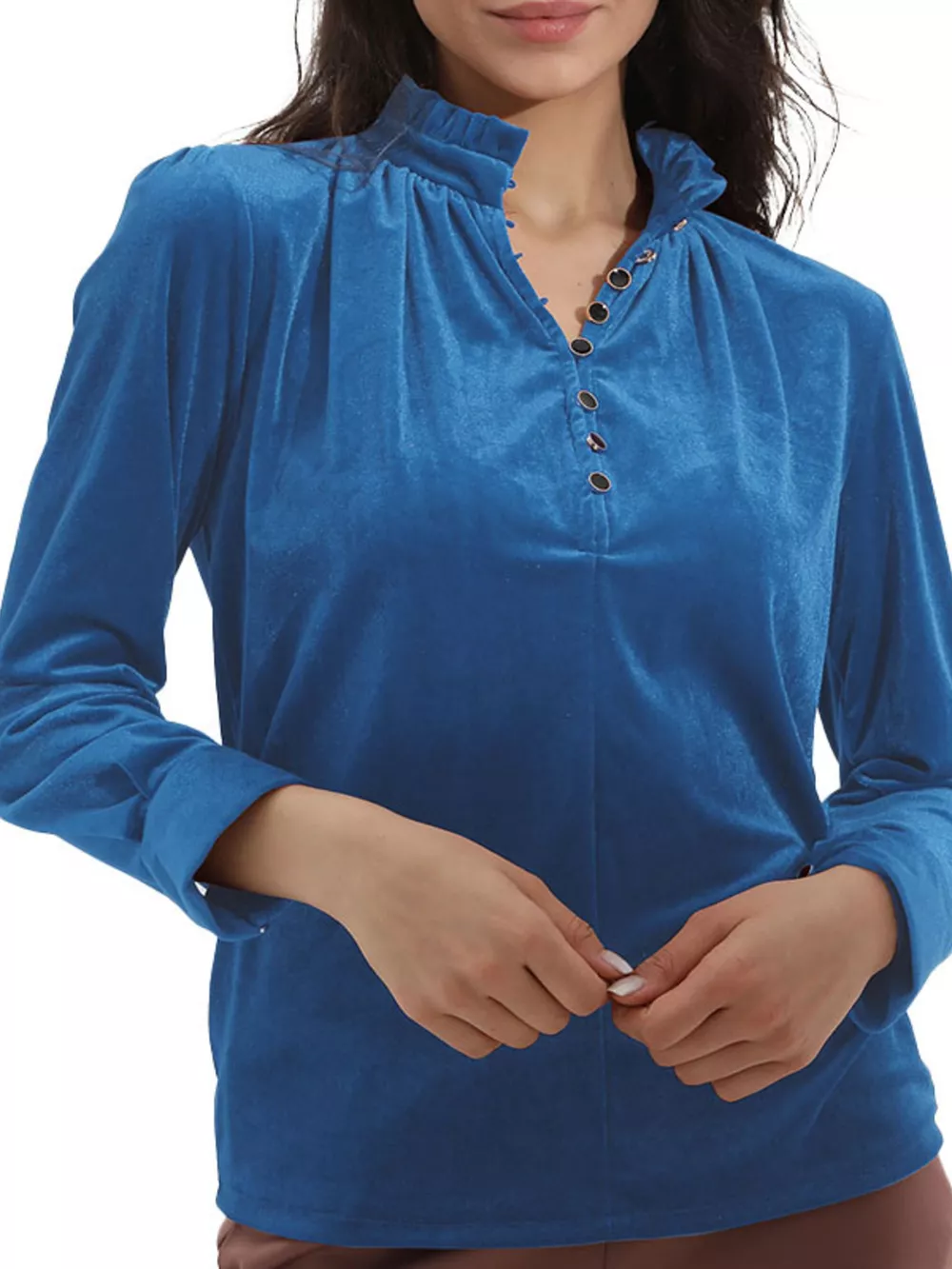 Elegant Velvet Ruffle Neck Blouse, image 6