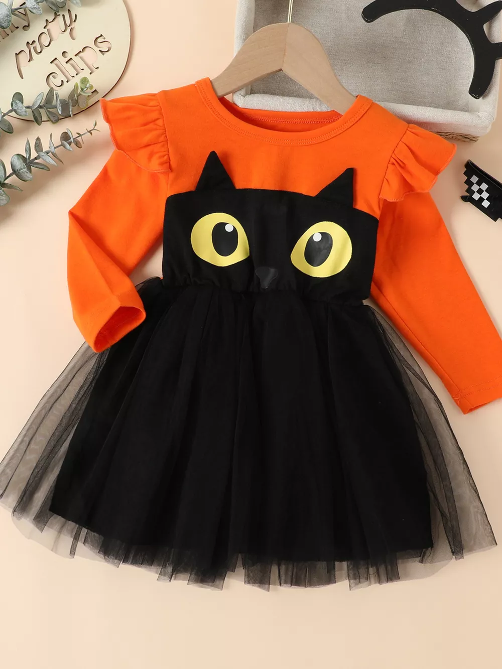 Children's Halloween Cat Eye Ruffle Tulle Dress