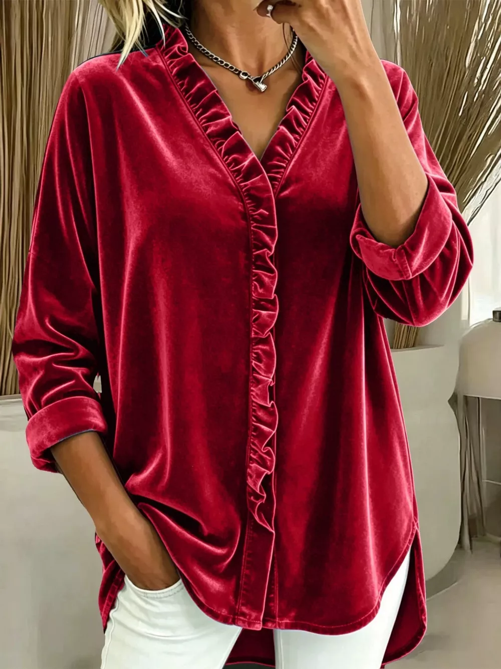 Velvet Frill V-Neck Blouse, image 10