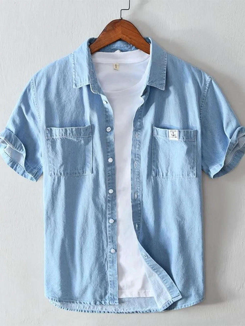 Men's Plus Size Button Up Short Sleeve Denim Shirt, image 2