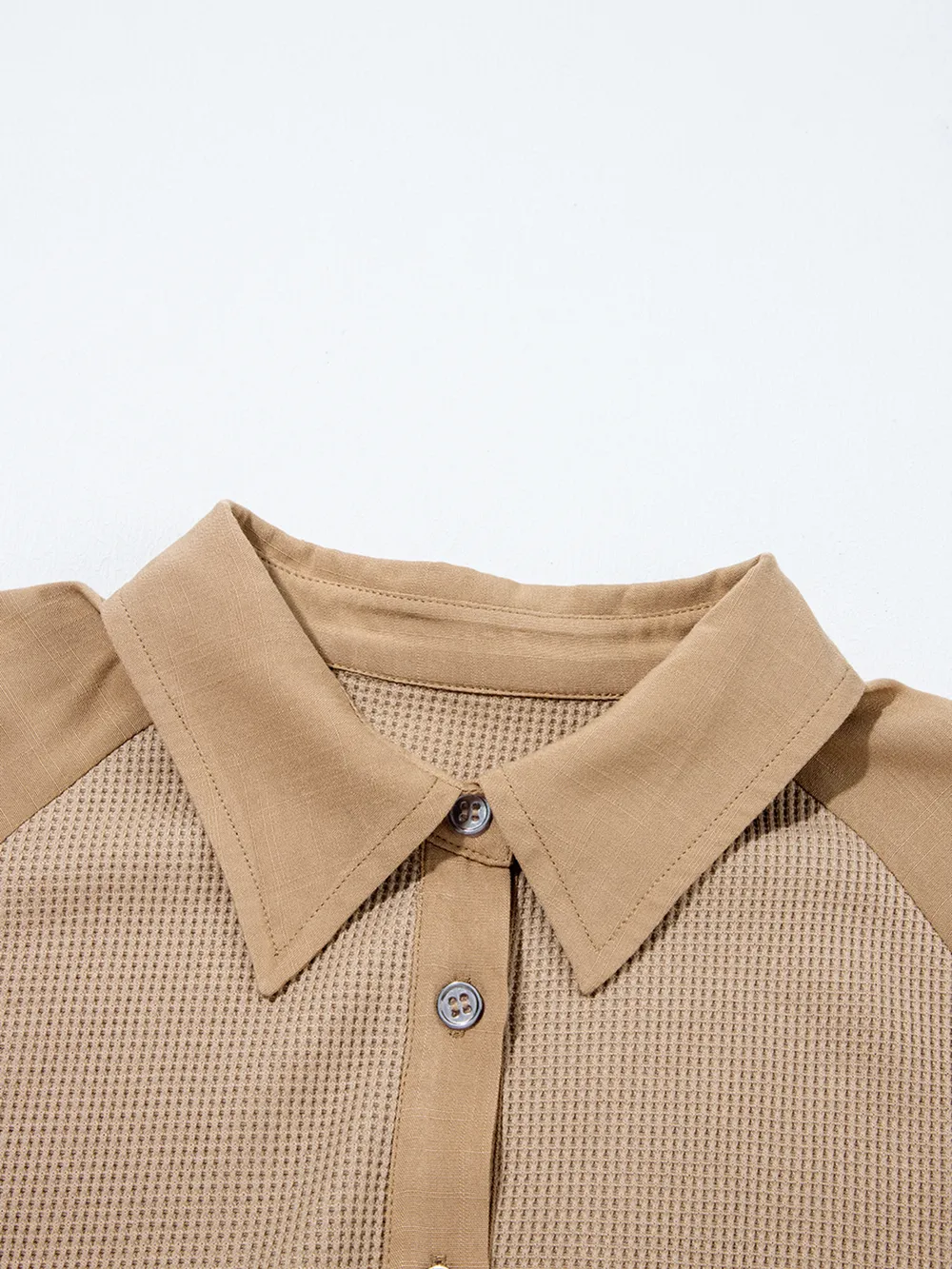 Waffle Patchwork Button Up Frayed Hem Shirt, image 3