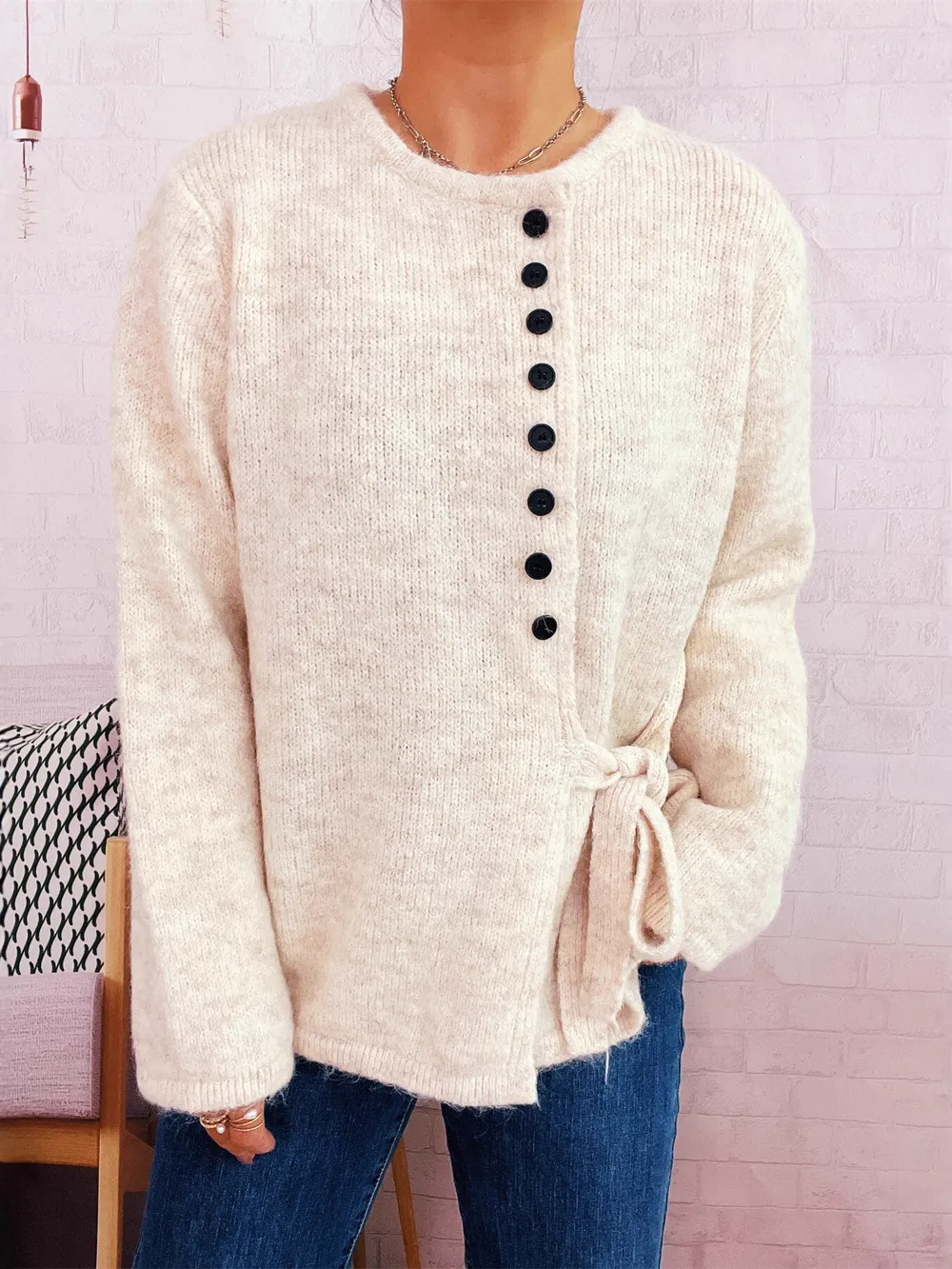 Button-Front Side-Tie Sweater