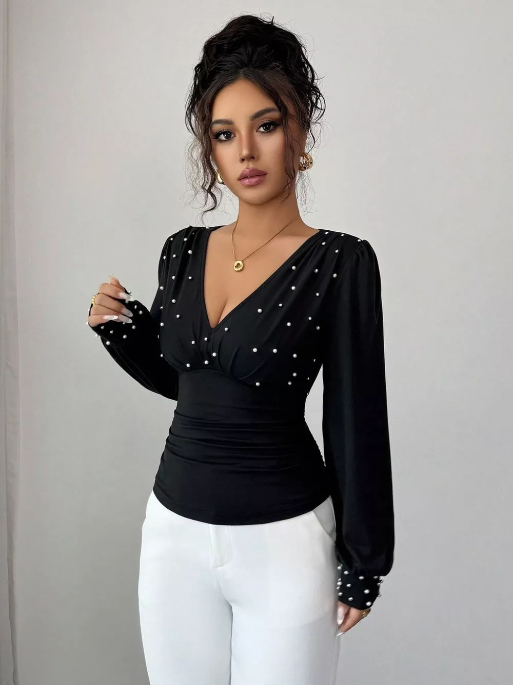 Pearl Embellished V-Neck Blouse, image 7