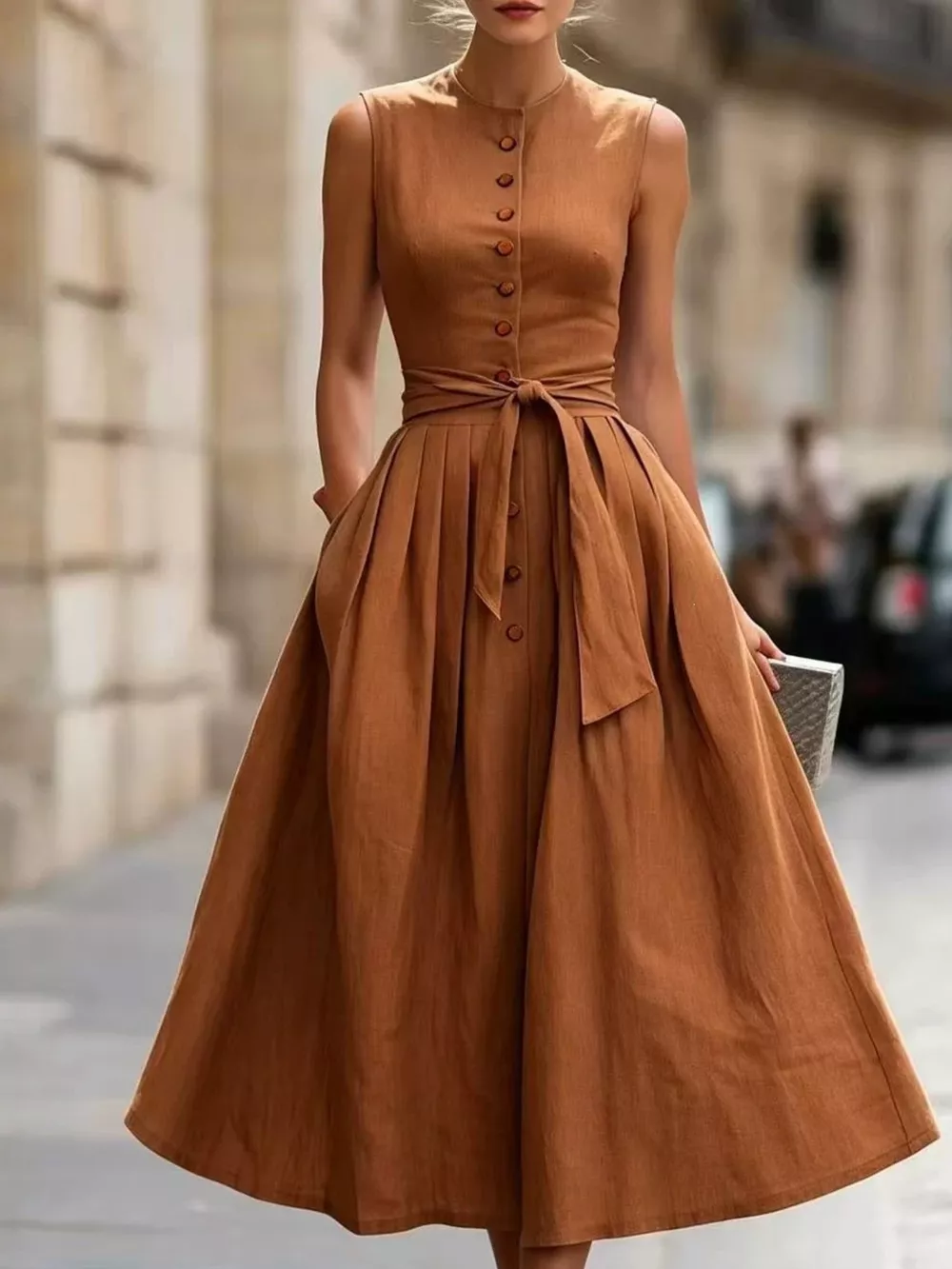 Full Size Sleeveless Button-Front Belted Midi Dress Plus Size, image 6