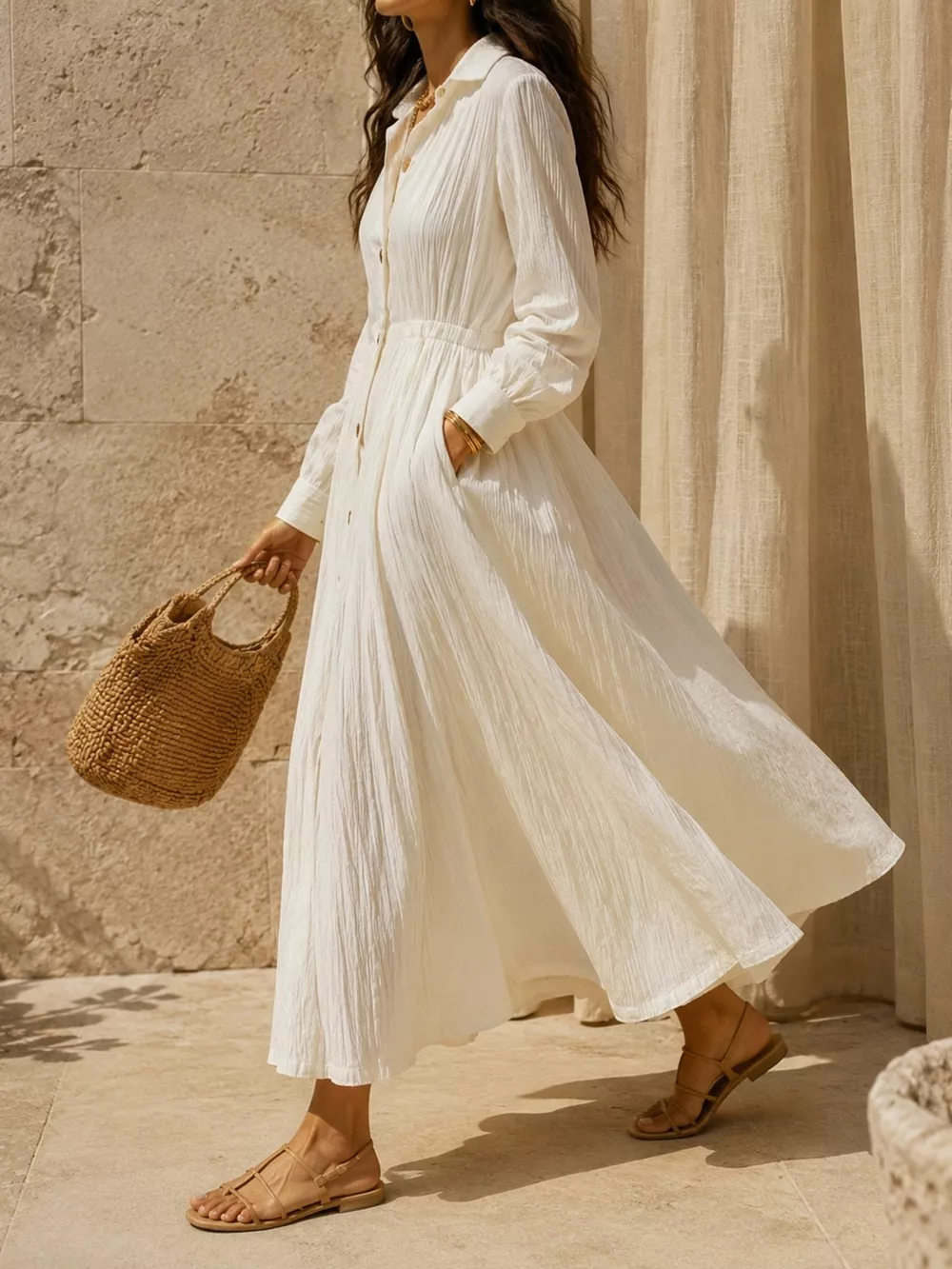 Full Size Textured Button Front Long Sleeve Maxi Dress Plus Size, image 11