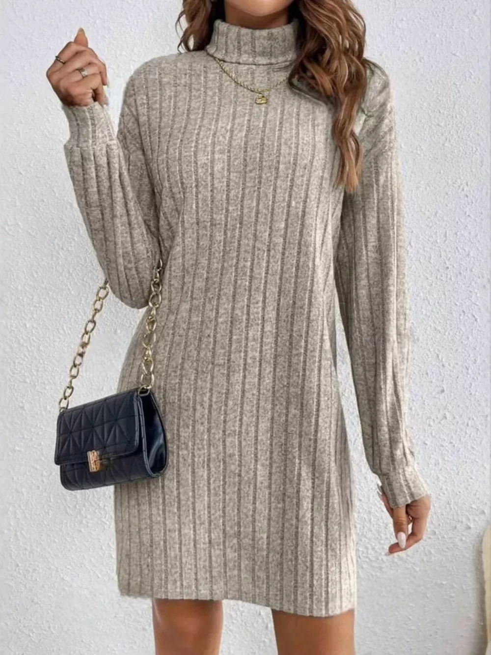 Casual Ribbed Turtleneck Long Sleeve Mini Dress, image 3
