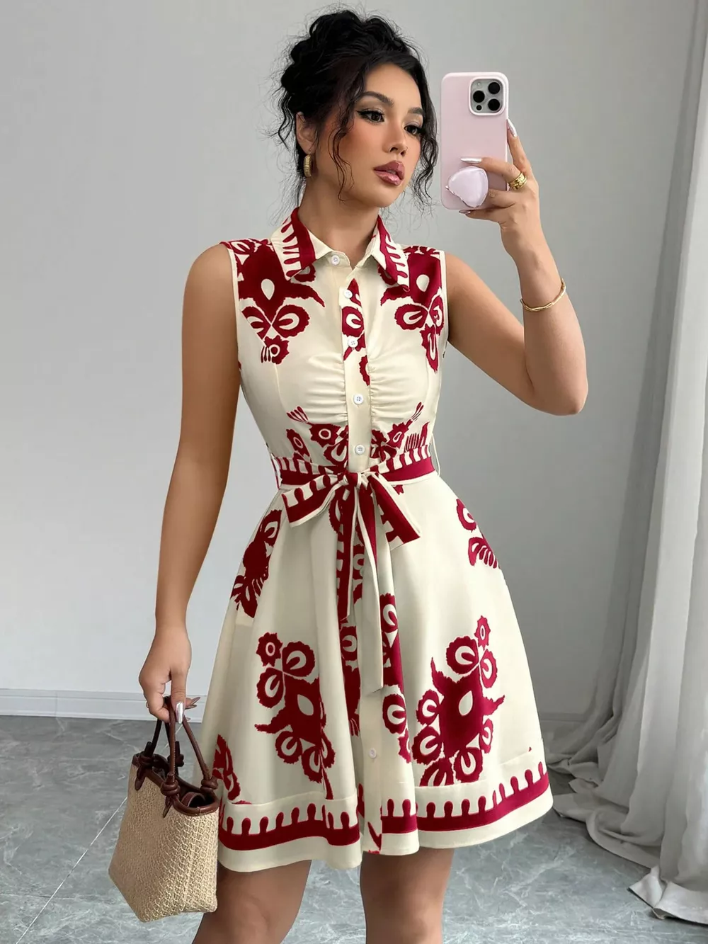 Sleeveless Ruched Printed Tie Waist Dress, image 3