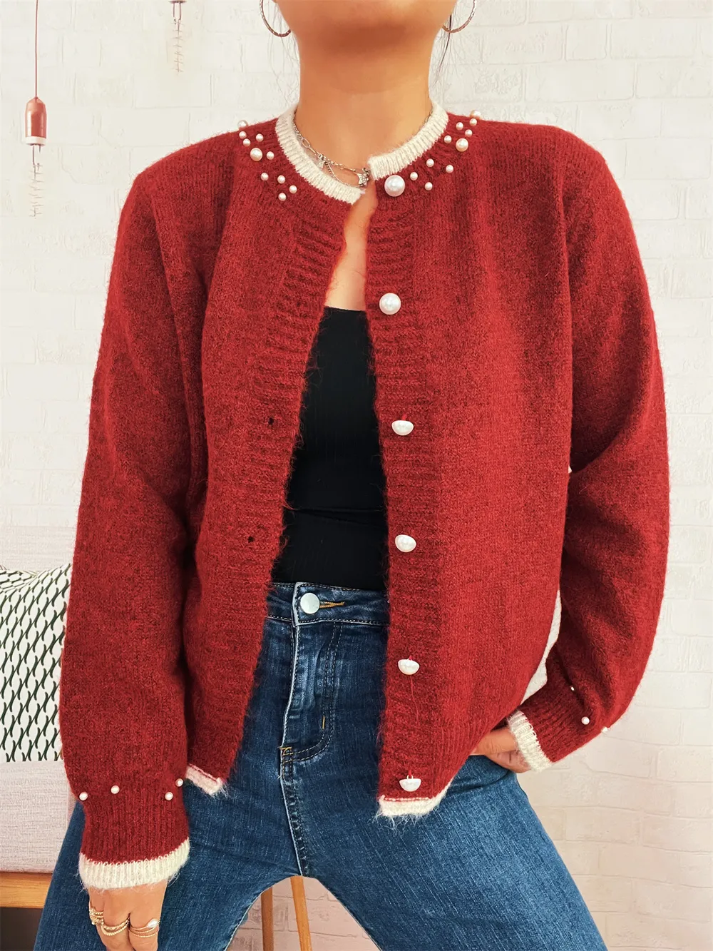 Pearl Embellished Button-Front Cardigan, image 3