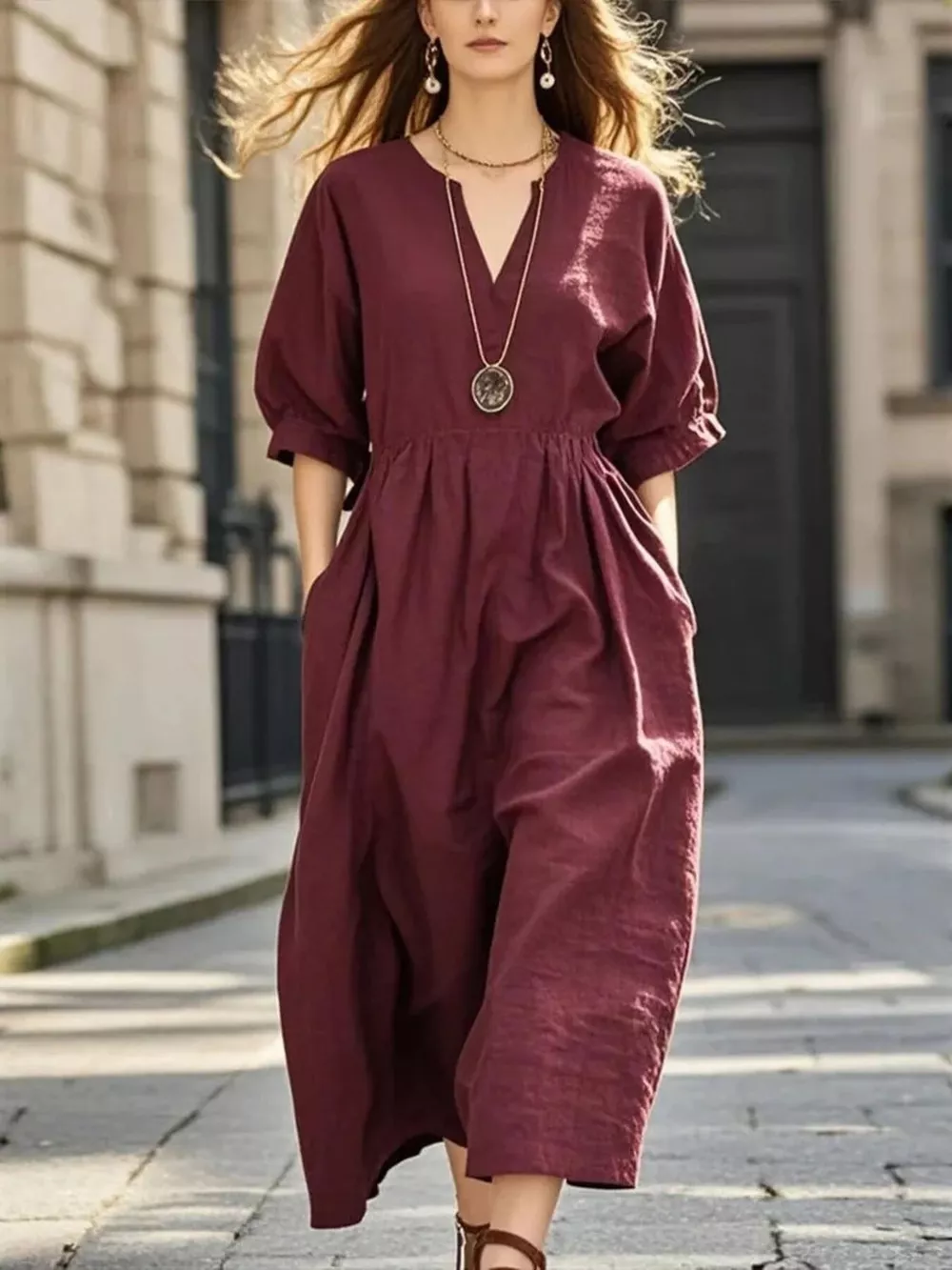 Notched Half Sleeve Midi Dress, image 4