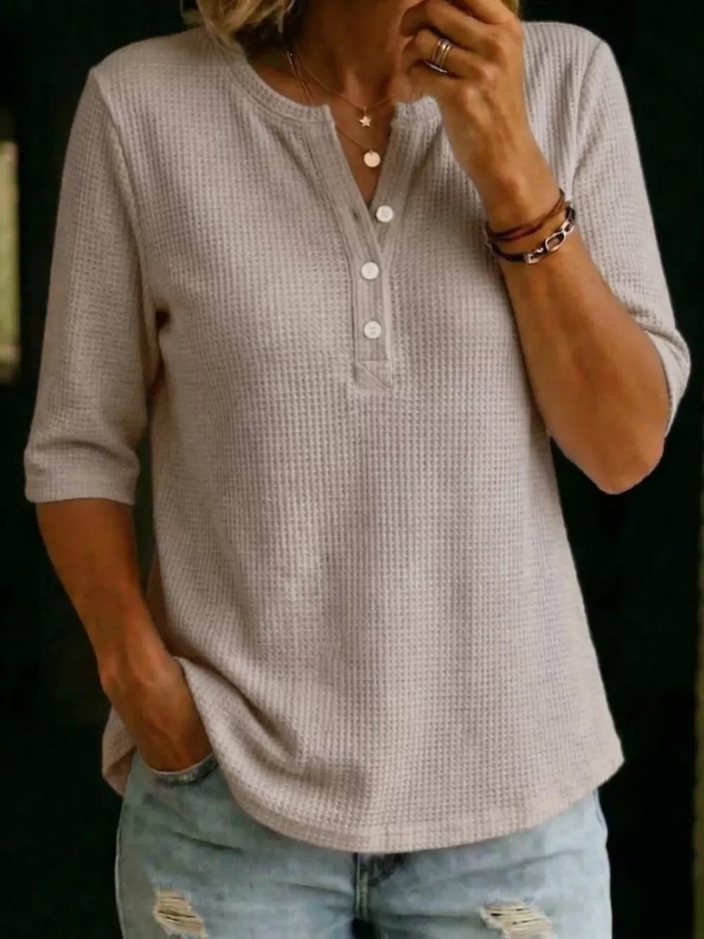 Full Size Waffle Knit Henley T-Shirt Plus Size, image 7