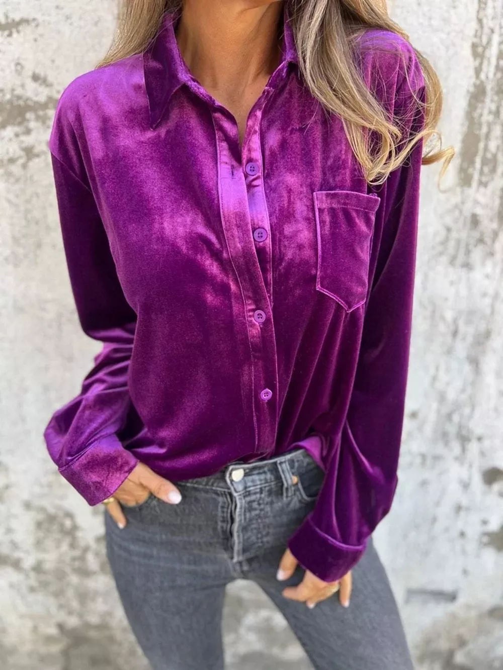 Full Size Velvet Button-Up Long Sleeve Shirt Plus Size, image 5