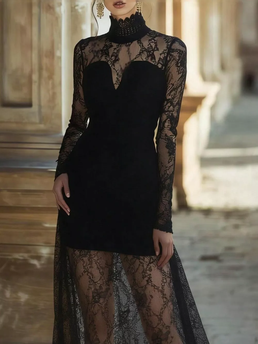 Lace High Neck Long Sleeve Maxi Dress, image 2