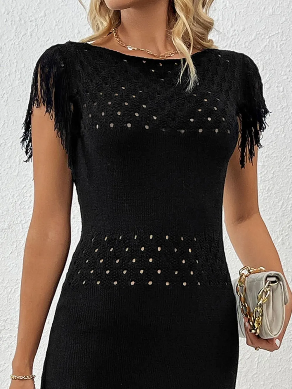 Fringe Crochet Boat Neck Sweater Dress, image 7