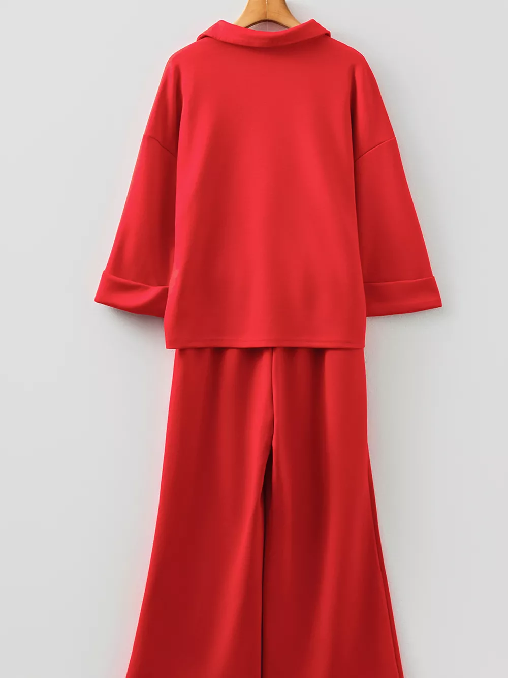 Polo Collar V Neck 3/4 Sleeve Pullover Drawstring Bell Bottom Pants 2pcs Set, image 6