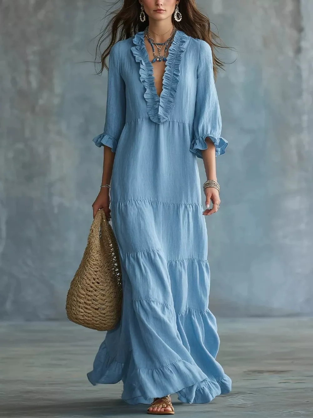 Ruffled V-Neck Tiered Maxi Dress, image 2