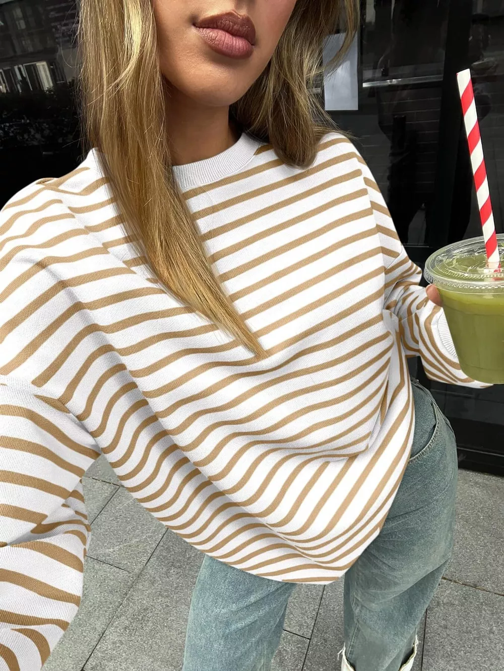 Striped Round Neck Oversized Casual Sweatshirt, image 24