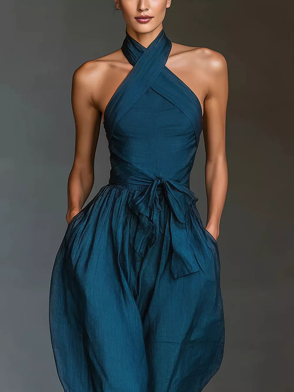 Halter Neck Wide-Leg Jumpsuit with Waist-Tie Detail, image 6