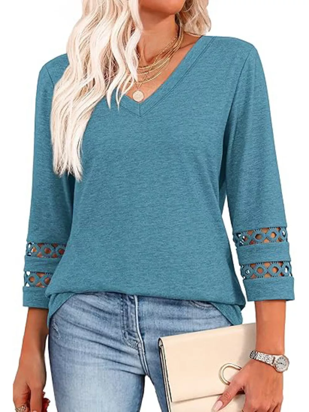 V-Neck Cutout 3/4 Sleeve T-Shirt, image 21