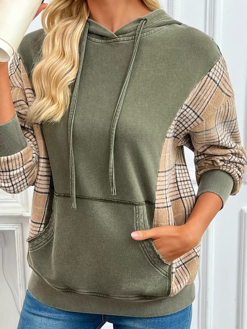Plaid Sleeve Drawstring Pocket Hoodie, image 9