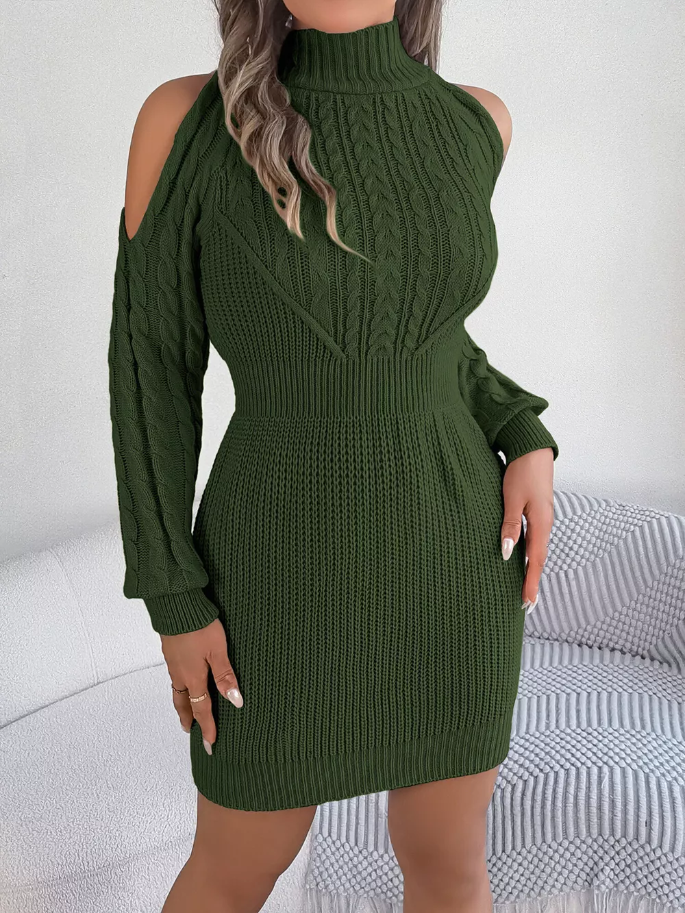 Cold Shoulder Cable Knit Turtleneck Sweater Dress, image 11