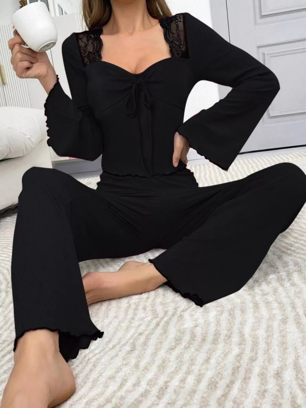 Lace Detail Flare Sleeves Top and Pants Lounge Set, image 6