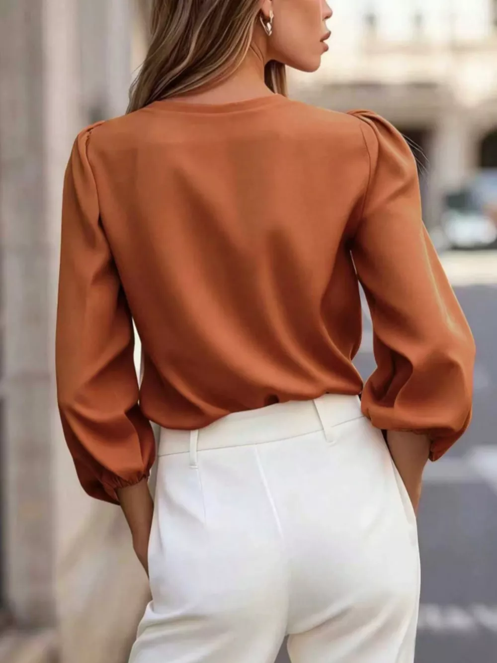 Elegant V-Neck Puff Sleeve Button-Down Shirt, image 3