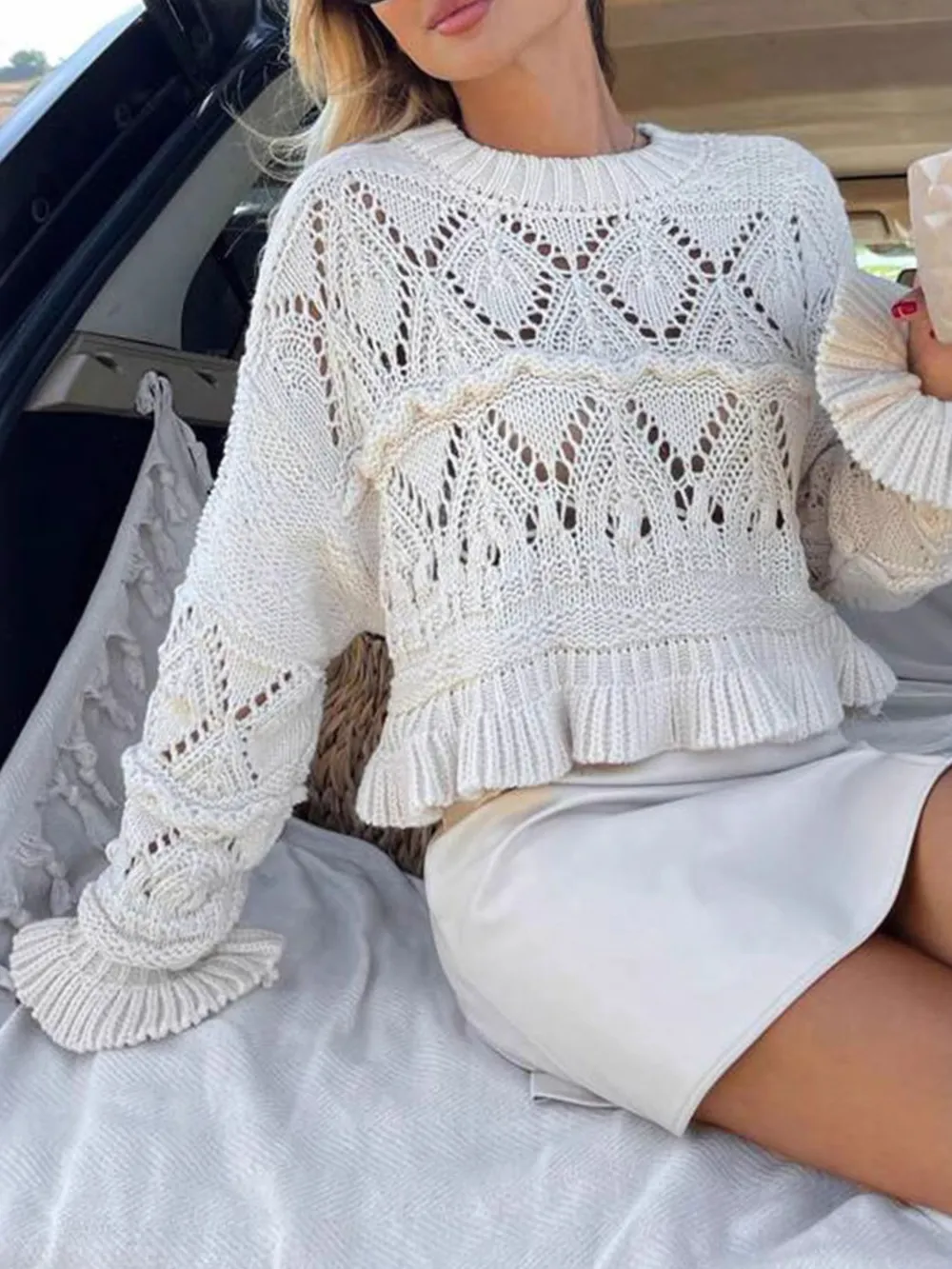 Crochet Ruffled Hem Long Sleeve Sweater, image 6